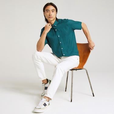  Nautica Erkek Yeşil Classic Fit Kısa Kollu Keten Gömlek