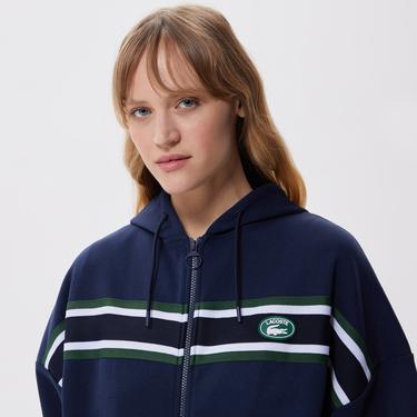  Lacoste Kadın Slim Fit Kapüşonlu Renk Bloklu Lacivert Sweatshirt