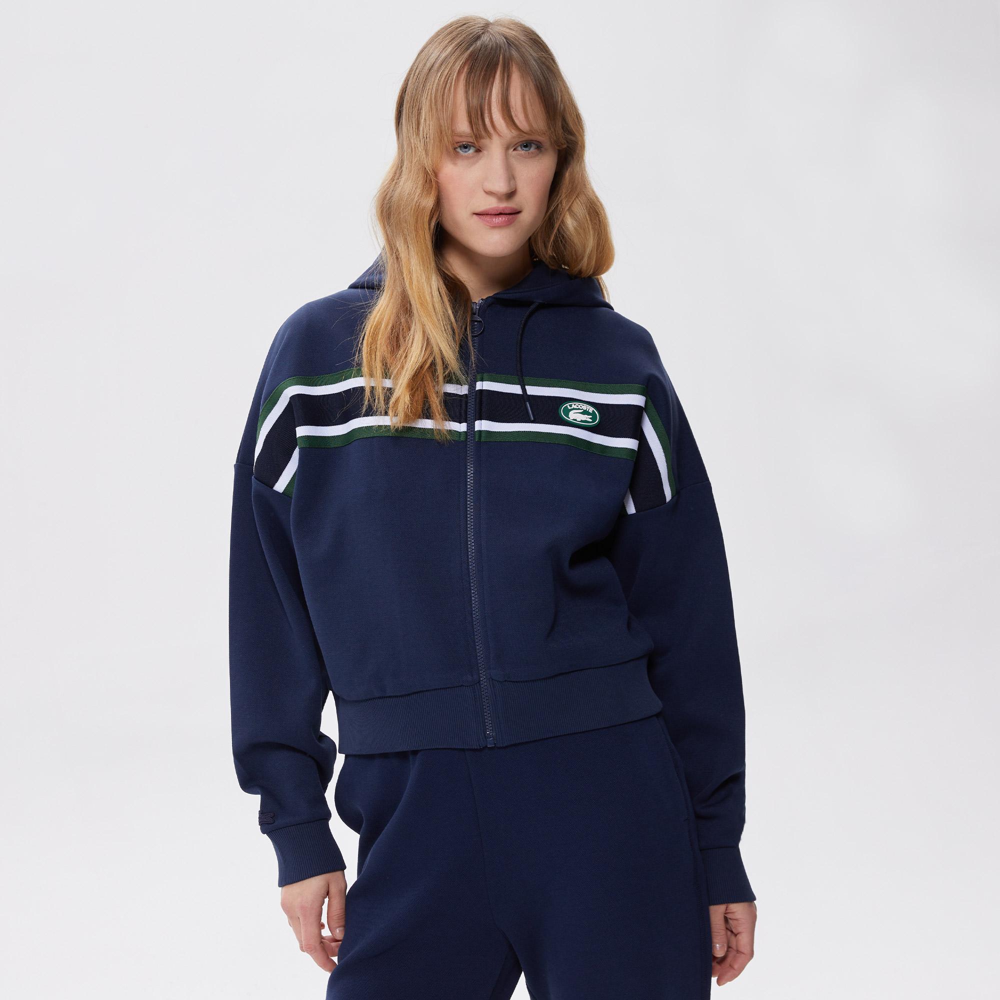 Lacoste Kadın Slim Fit Kapüşonlu Renk Bloklu Lacivert Sweatshirt