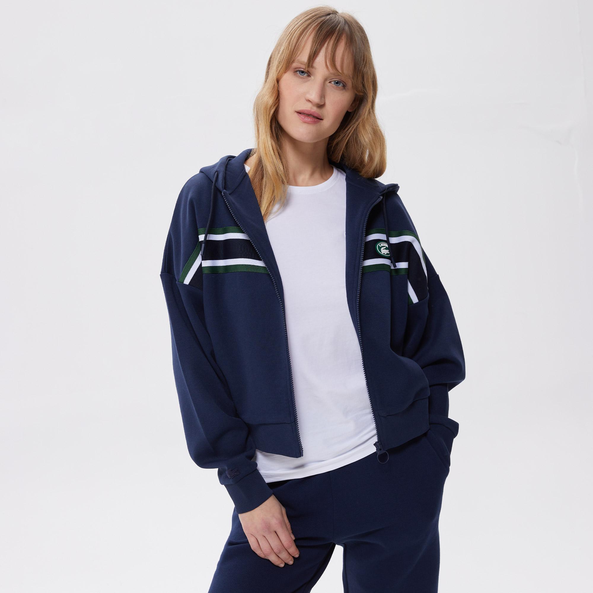 Lacoste Kadın Slim Fit Kapüşonlu Renk Bloklu Lacivert Sweatshirt