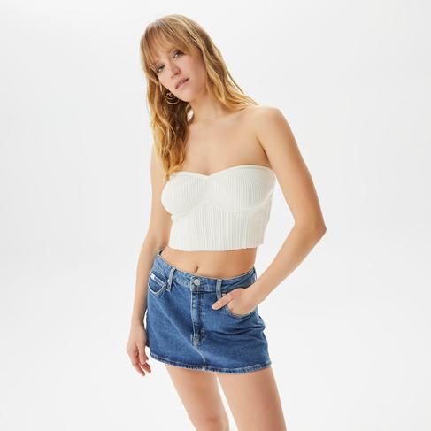  Calvin Klein Jeans Boucle Bustier Knitted Top Kadın Beyaz Bluz