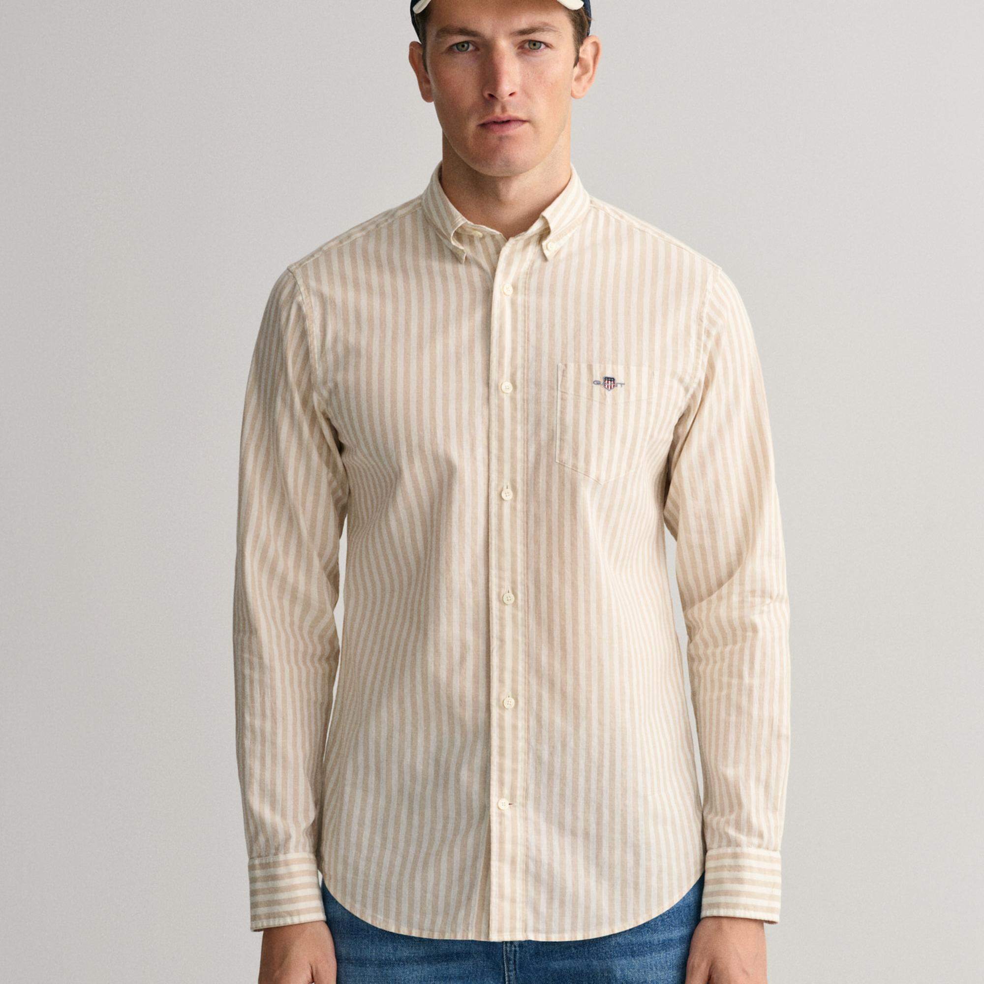 GANT Erkek Bej Regular Fit Düğmeli Yaka Çizgili Gömlek