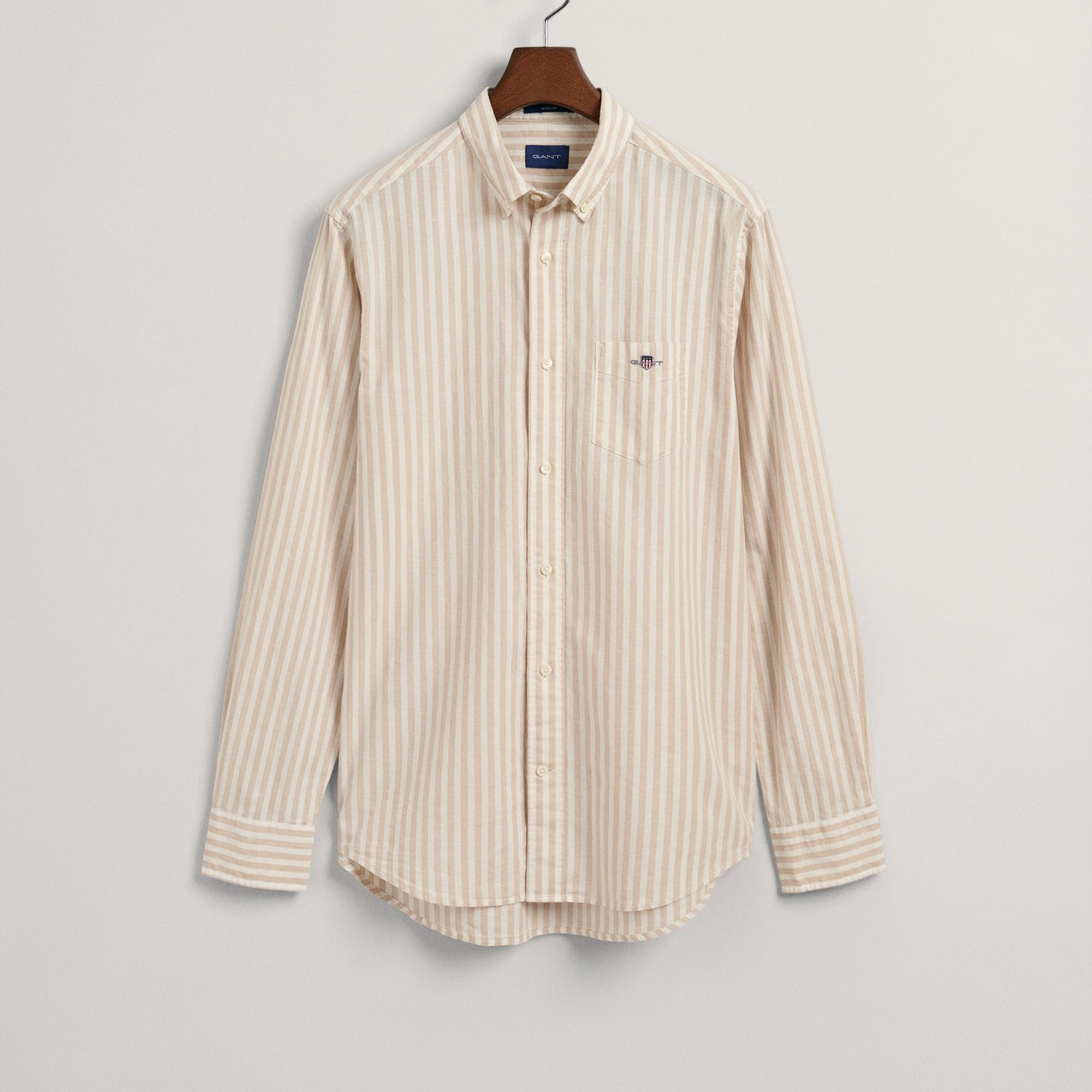 GANT Erkek Bej Regular Fit Düğmeli Yaka Çizgili Gömlek