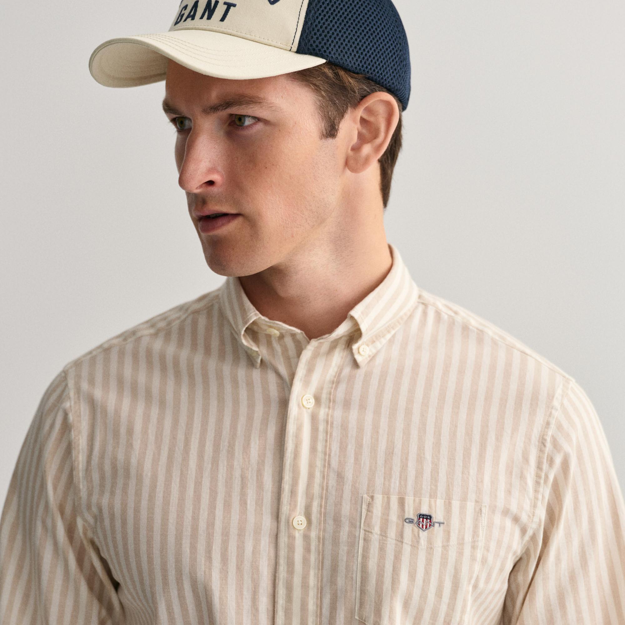 GANT Erkek Bej Regular Fit Düğmeli Yaka Çizgili Gömlek