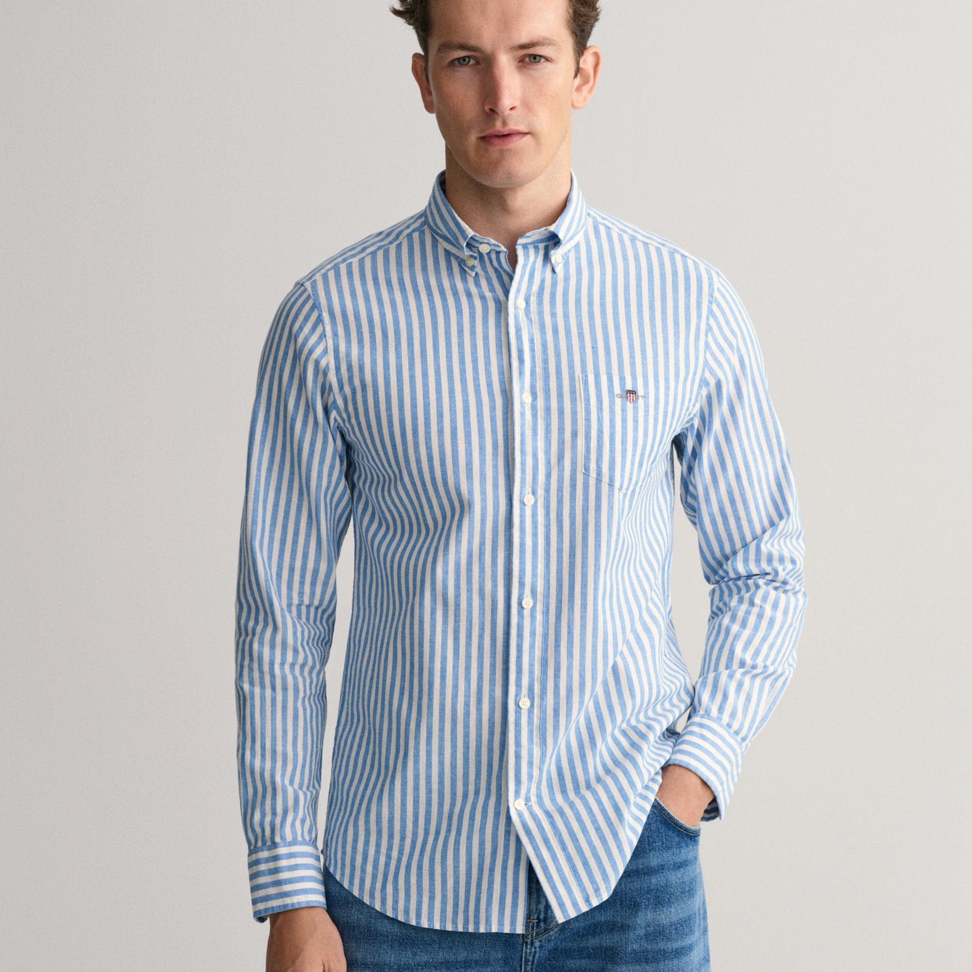 GANT Erkek Mavi Regular Fit Düğmeli Yaka Çizgili Gömlek
