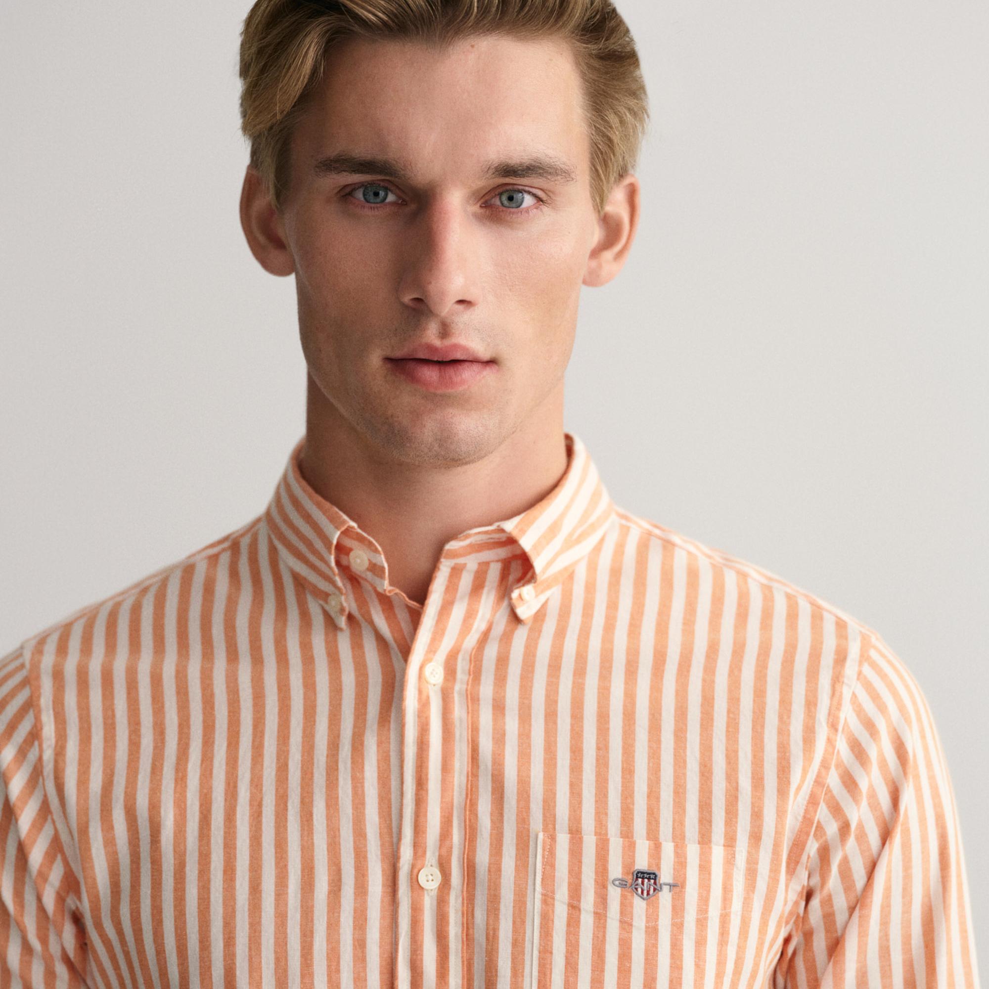 GANT Erkek Turuncu Regular Fit Düğmeli Yaka Çizgili Gömlek
