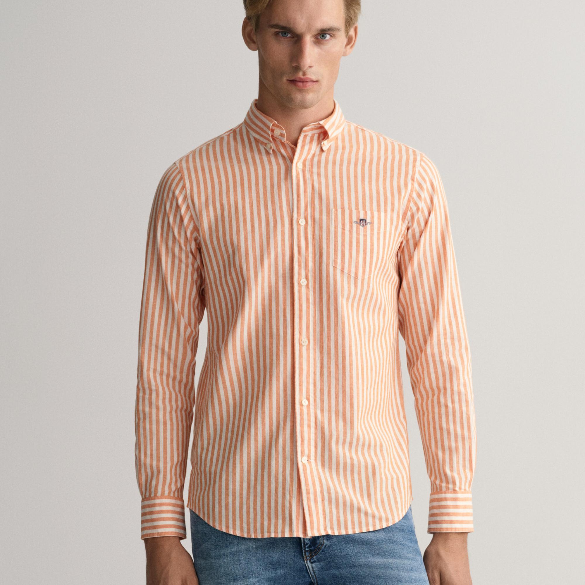 GANT Erkek Turuncu Regular Fit Düğmeli Yaka Çizgili Gömlek
