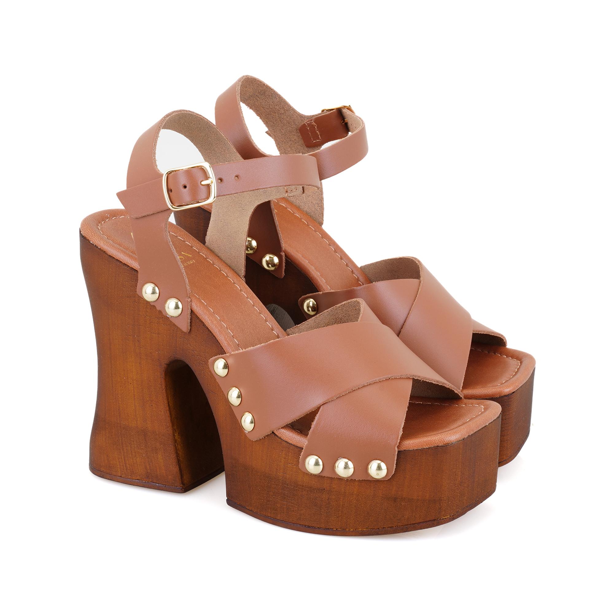 Kadın Kahve Platform Topuklu Deri Sandalet