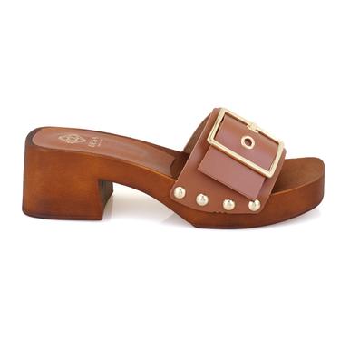  Kadın Kahve Ayarlanabilir Tokalı Deri Terlik