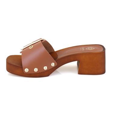  Kadın Kahve Ayarlanabilir Tokalı Deri Terlik