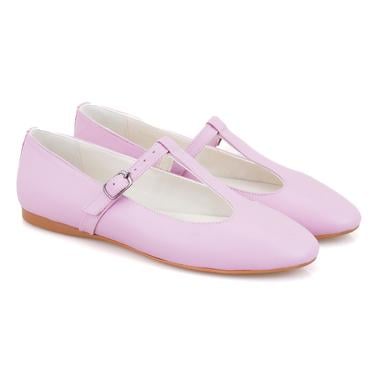  Kadın Pembe T-Bant Mary Jane Deri Babet