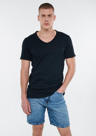  Mavi V Yaka Siyah Basic Tişört Fitted / Vücuda Oturan Kesim 062773-26341