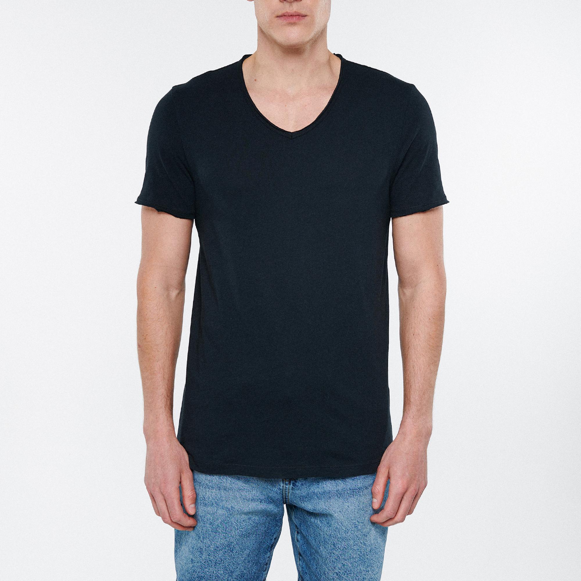 Mavi V Yaka Siyah Basic Tişört Fitted / Vücuda Oturan Kesim 062773-26341