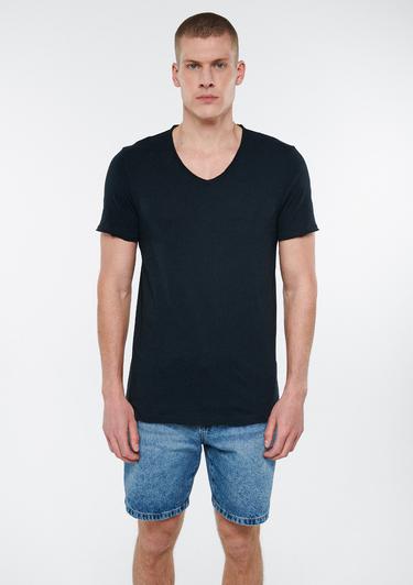  Mavi V Yaka Siyah Basic Tişört Fitted / Vücuda Oturan Kesim 062773-26341