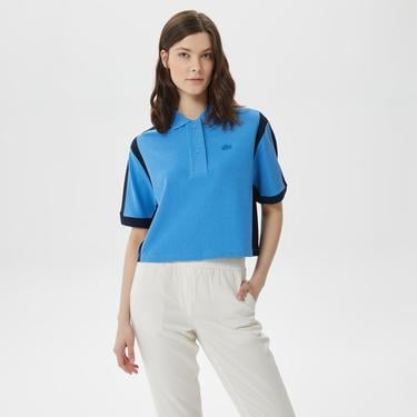  Kadın Loose Fit Renk Bloklu Mavi Polo