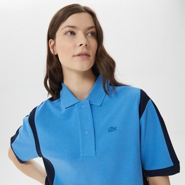  Kadın Loose Fit Renk Bloklu Mavi Polo