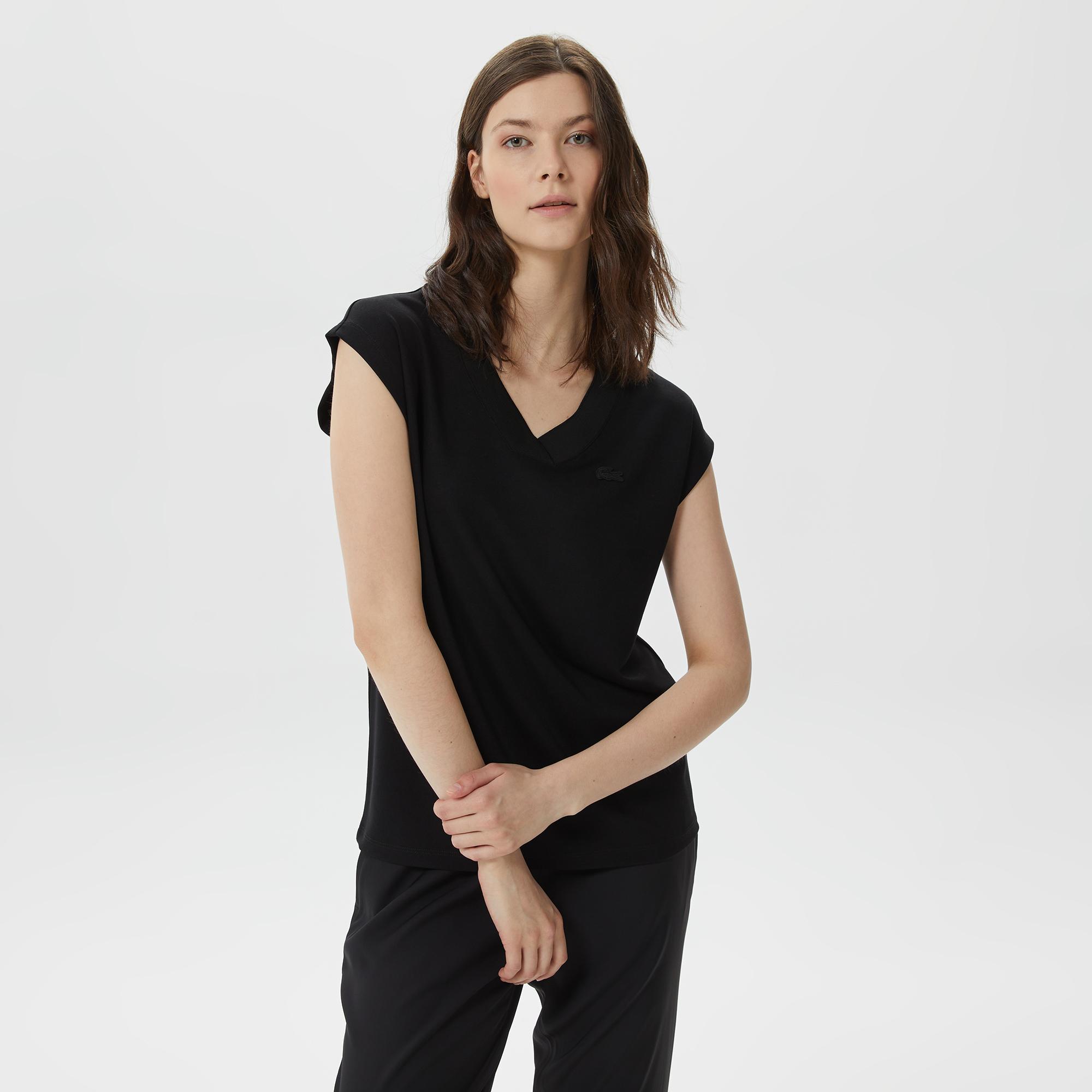 Kadın Slim Fit V Yaka Siyah T-Shirt