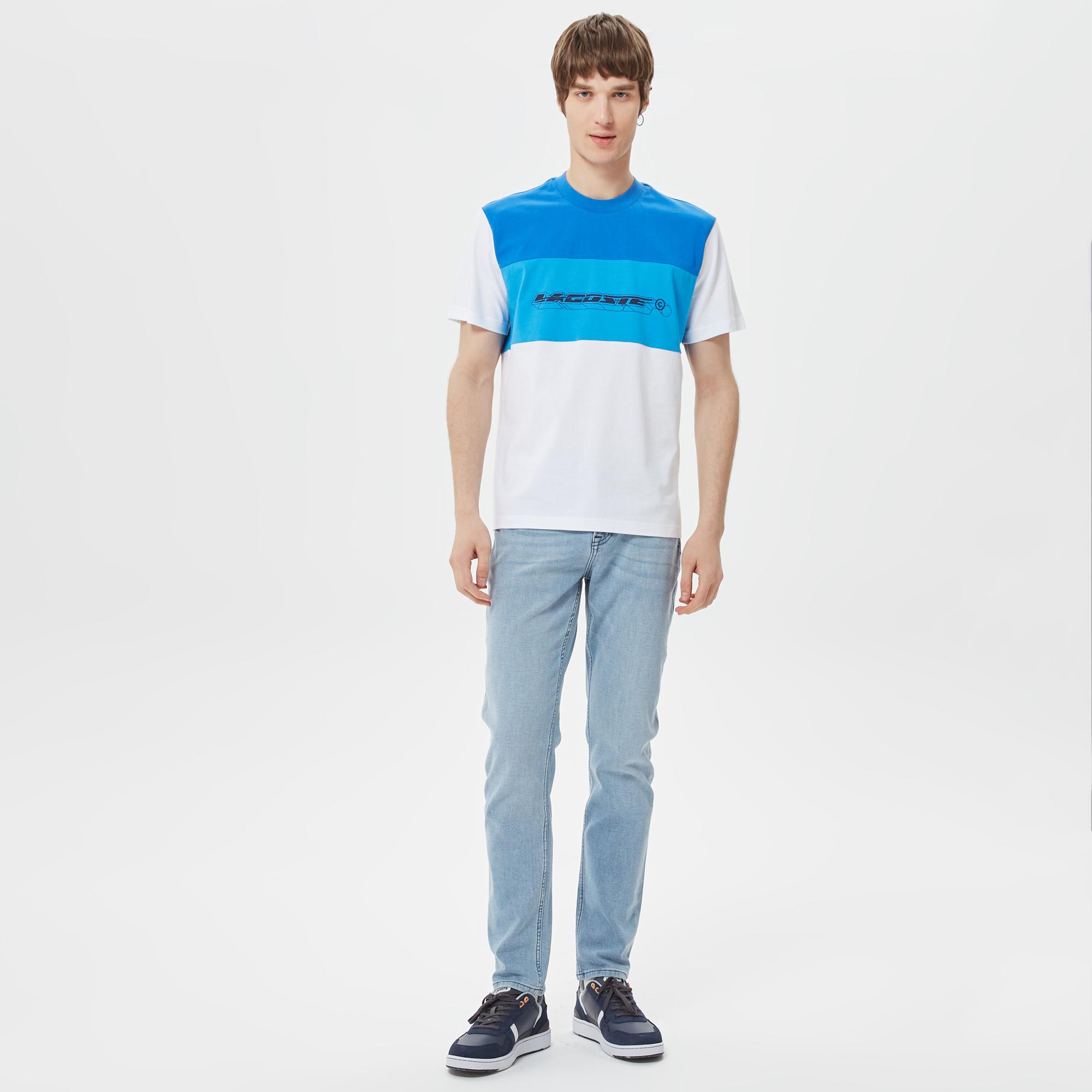 Erkek Relaxed Fit Bisiklet Yaka Renk Bloklu Mavi T-Shirt