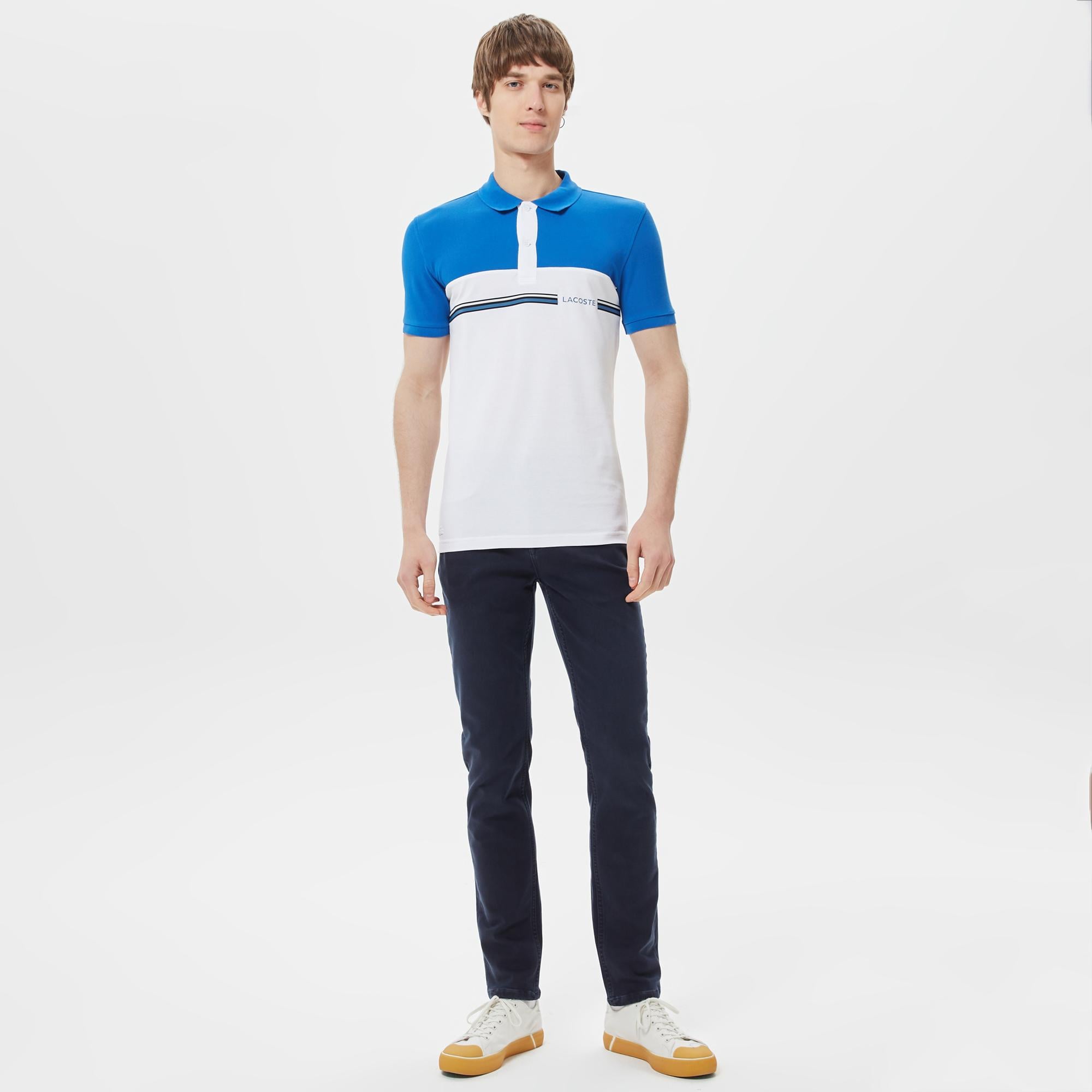 Erkek Slim Fit Renk Bloklu Mavi Polo