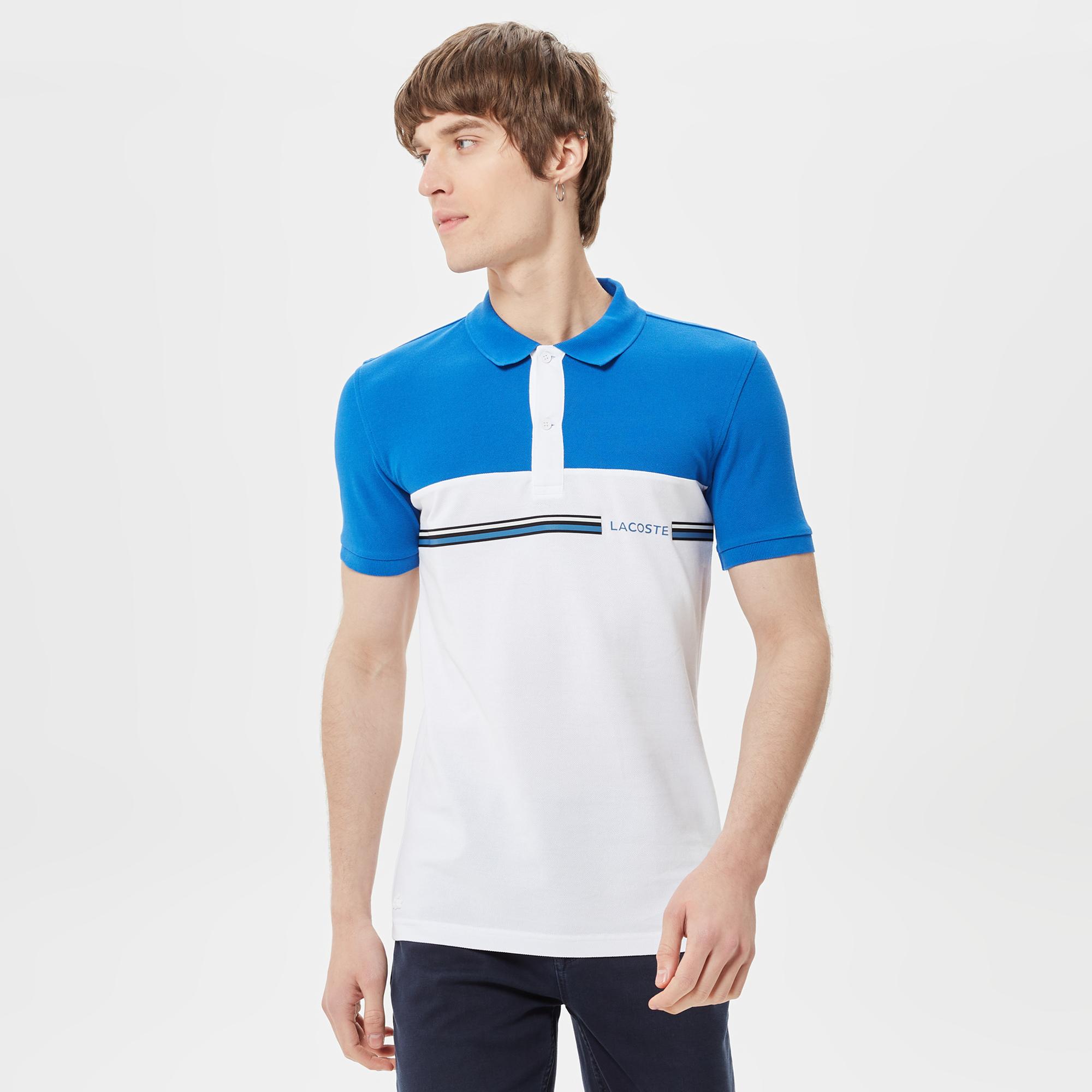Erkek Slim Fit Renk Bloklu Mavi Polo