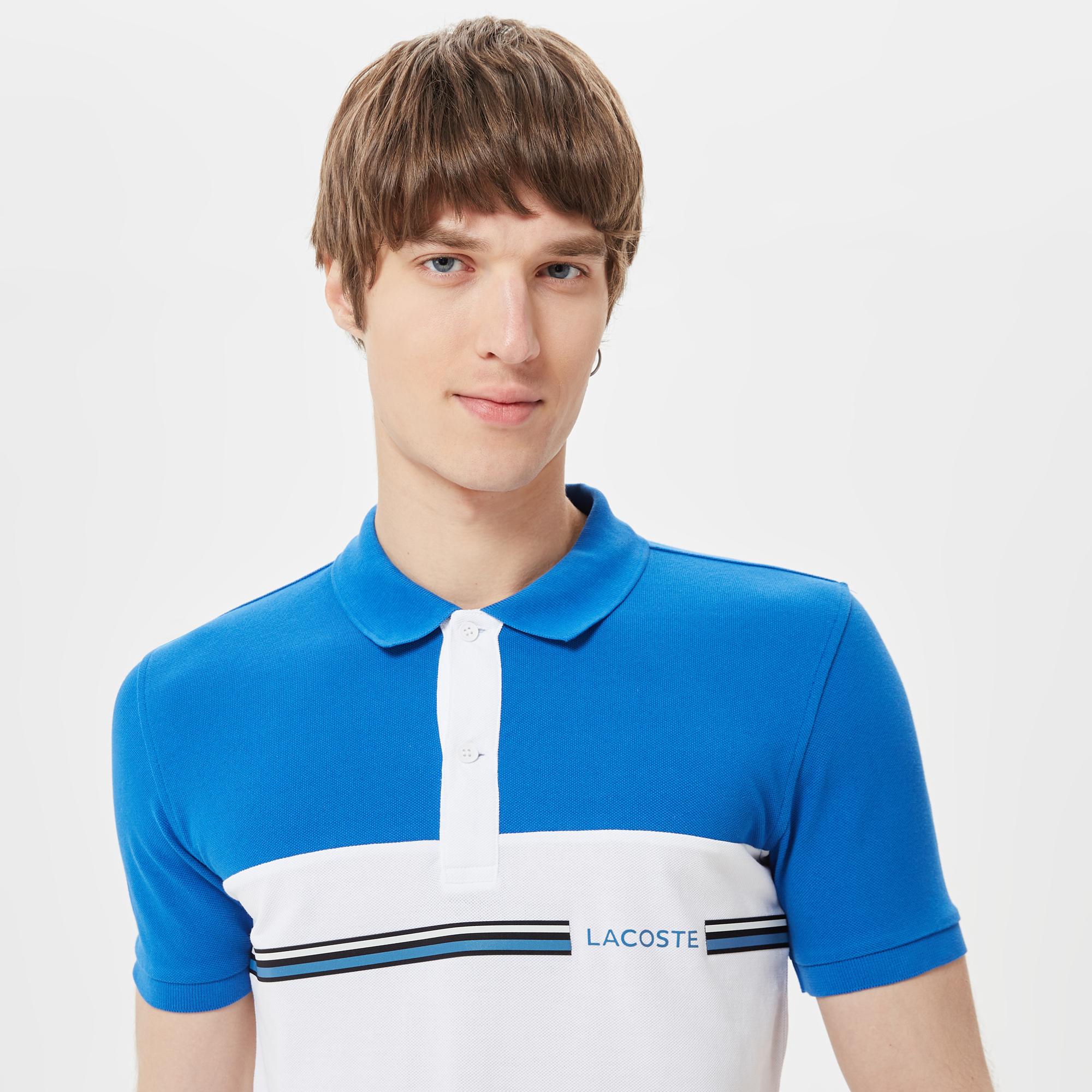 Erkek Slim Fit Renk Bloklu Mavi Polo