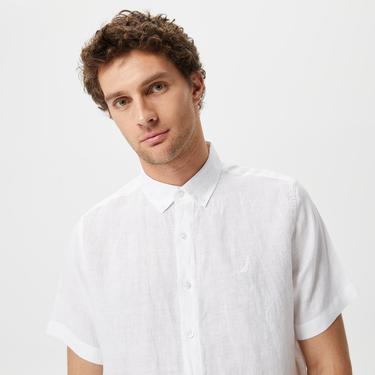  Nautica Erkek Beyaz Classic Fit Kısa Kollu Keten Gömlek