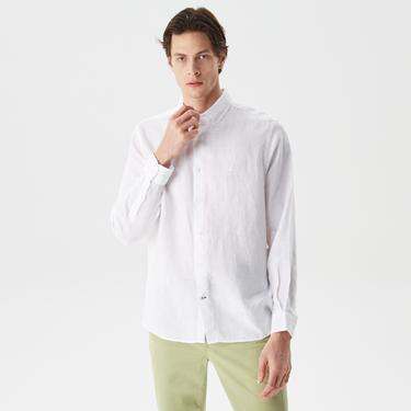  Nautica Erkek Beyaz Classic Fit Uzun Kollu Keten Gömlek
