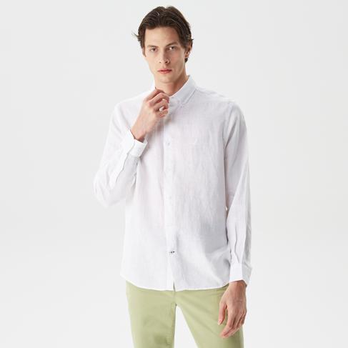  Nautica Erkek Beyaz Classic Fit Uzun Kollu Keten Gömlek