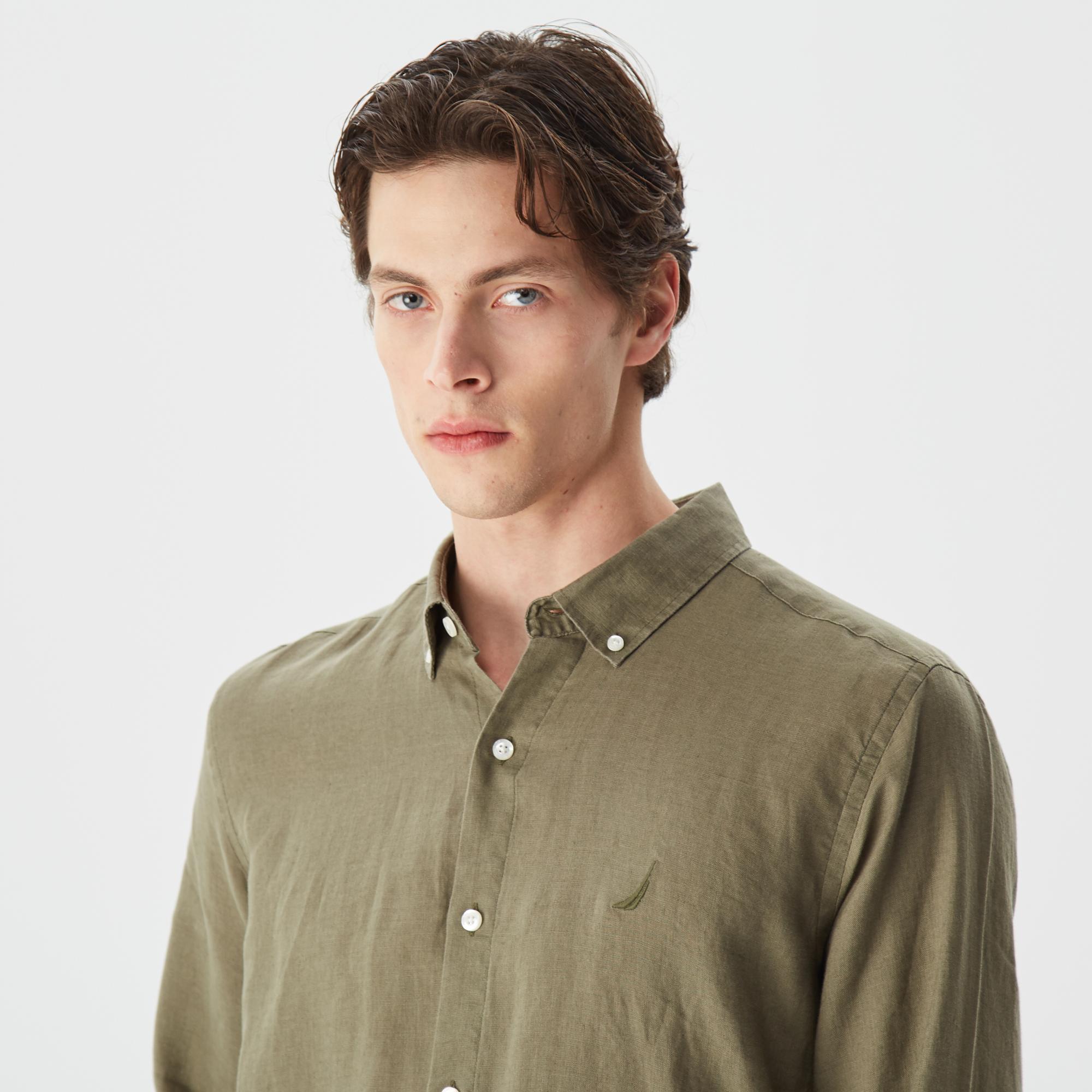 Nautica Erkek Yeşil Classic Fit Uzun Kollu Keten Gömlek