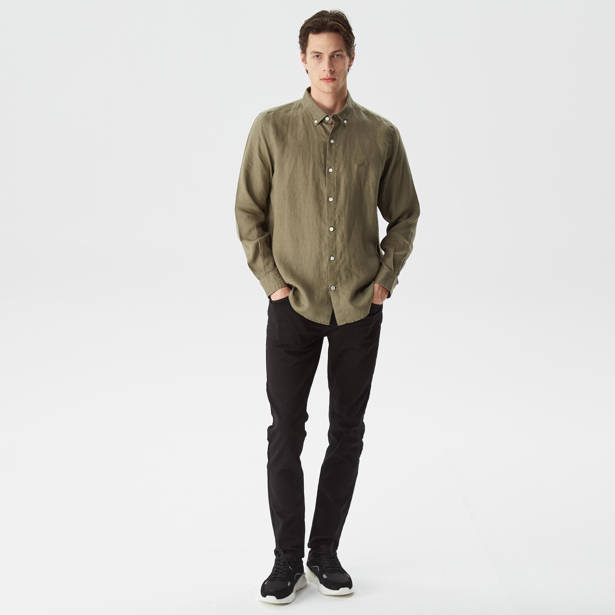 Nautica Erkek Yeşil Classic Fit Uzun Kollu Keten Gömlek