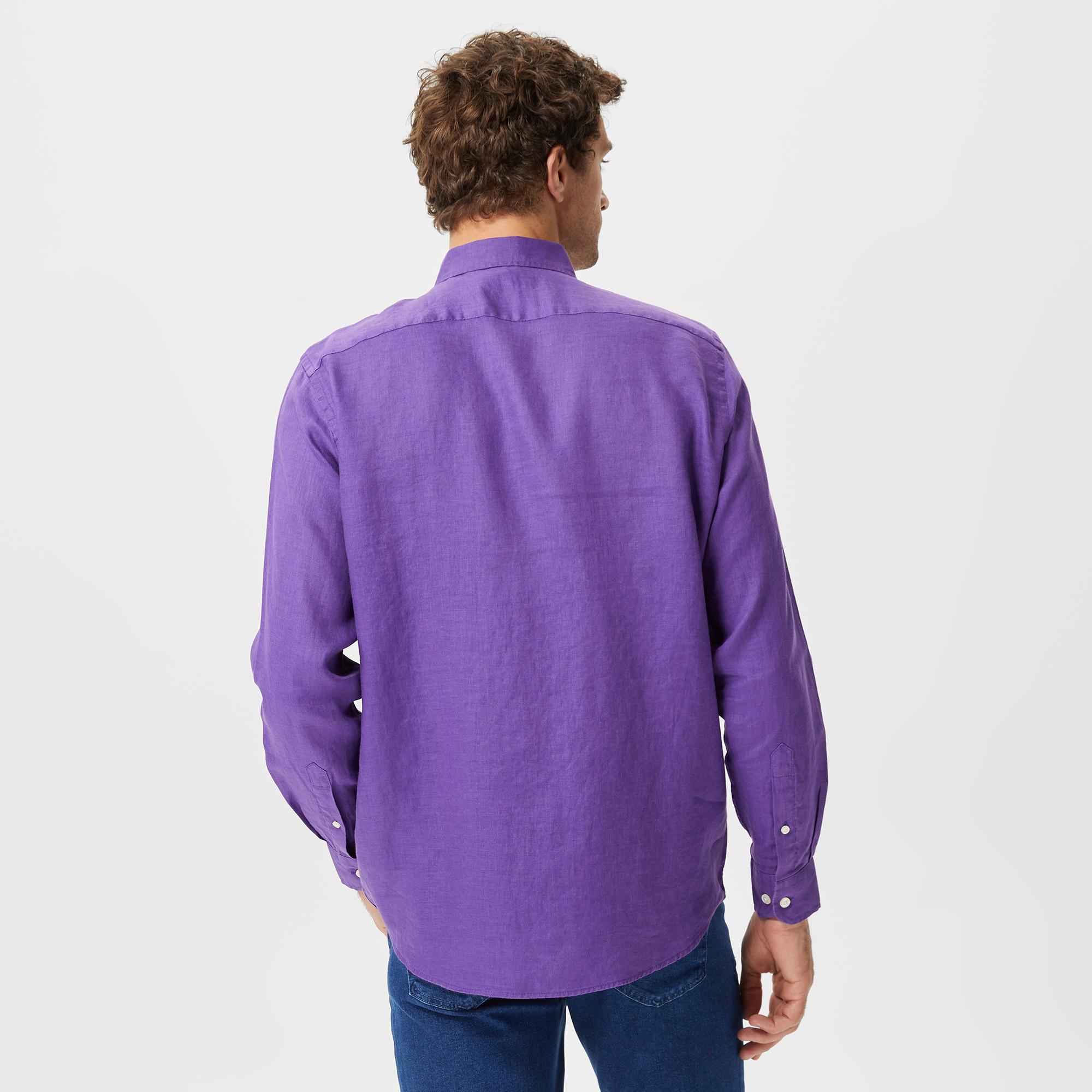 Nautica Erkek Mor Classic Fit Uzun Kollu Keten Gömlek