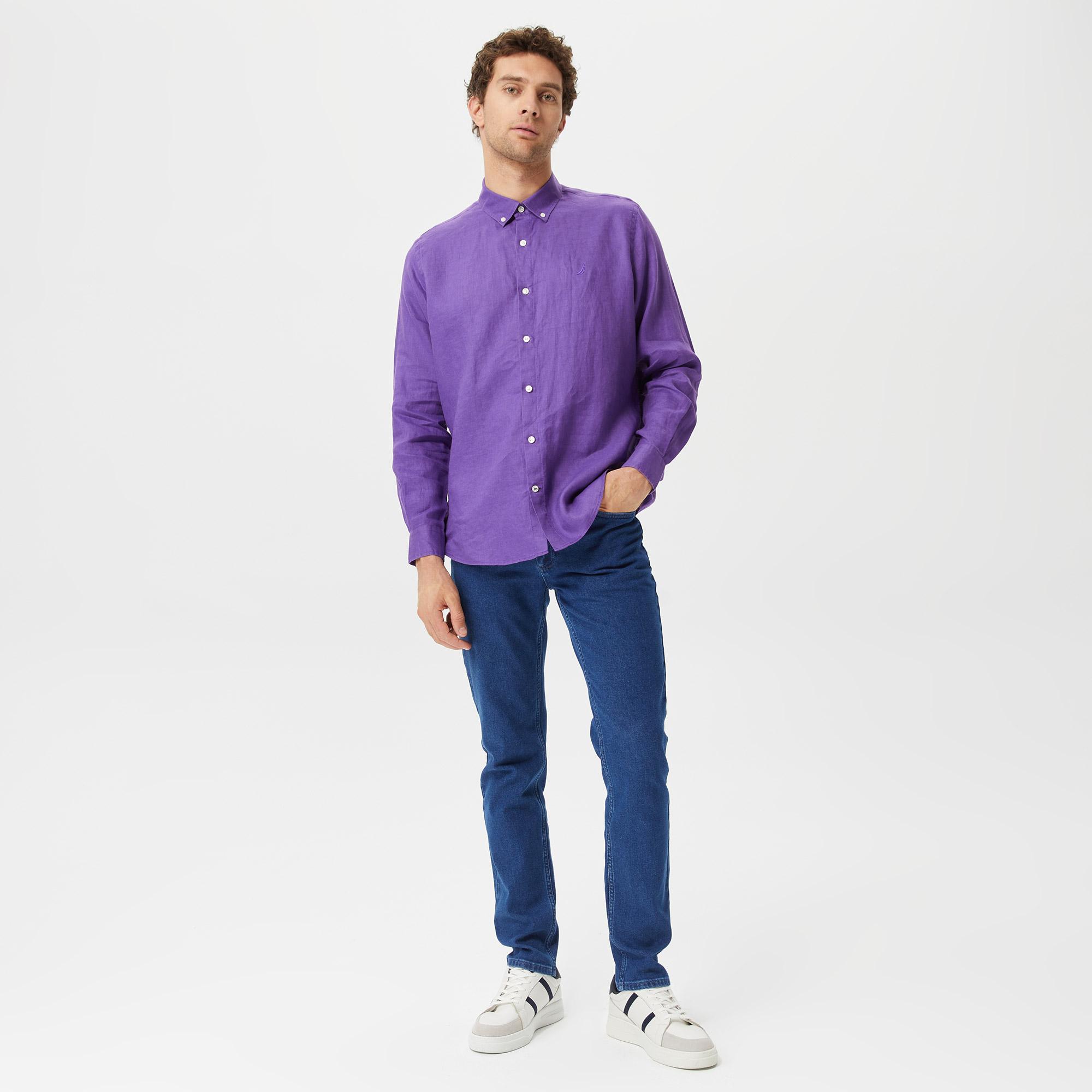 Nautica Erkek Mor Classic Fit Uzun Kollu Keten Gömlek
