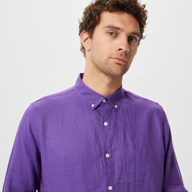  Nautica Erkek Mor Classic Fit Uzun Kollu Keten Gömlek