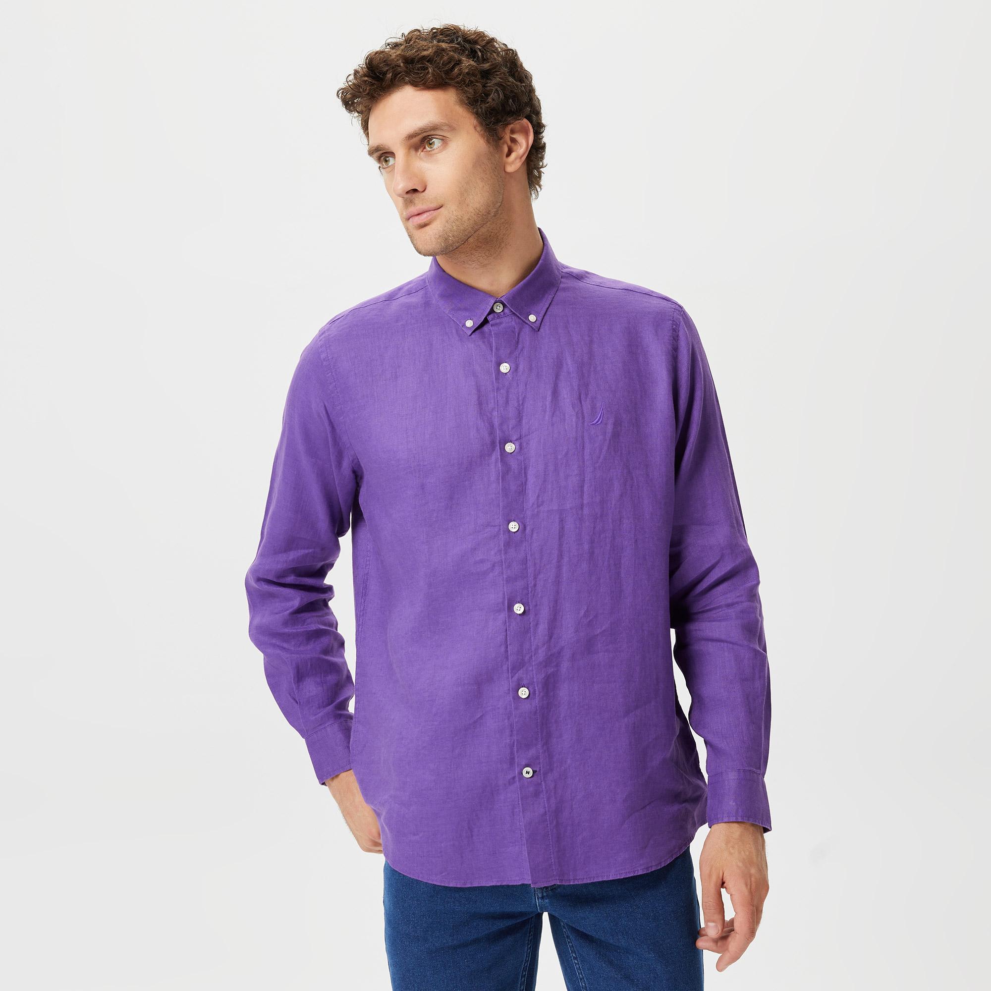 Nautica Erkek Mor Classic Fit Uzun Kollu Keten Gömlek