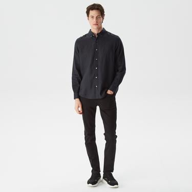  Nautica Erkek Siyah Classic Fit Uzun Kollu Keten Gömlek
