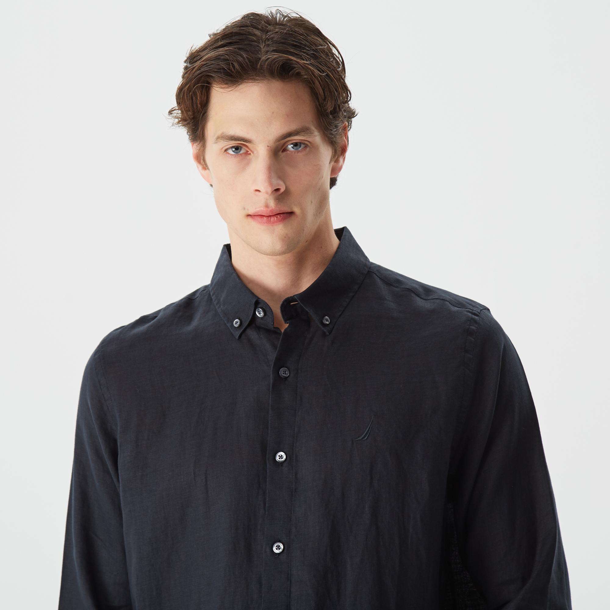 Nautica Erkek Siyah Classic Fit Uzun Kollu Keten Gömlek