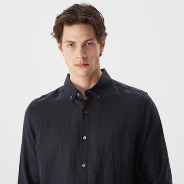  Nautica Erkek Siyah Classic Fit Uzun Kollu Keten Gömlek