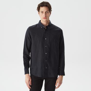  Nautica Erkek Siyah Classic Fit Uzun Kollu Keten Gömlek