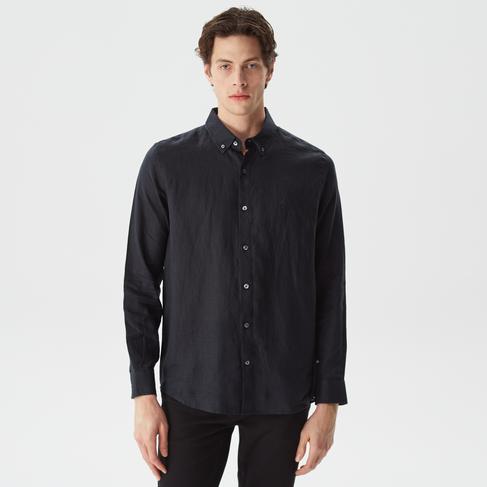  Nautica Erkek Siyah Classic Fit Uzun Kollu Keten Gömlek