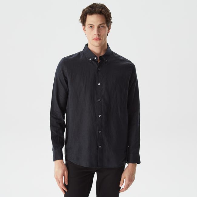  Nautica Erkek Siyah Classic Fit Uzun Kollu Keten Gömlek