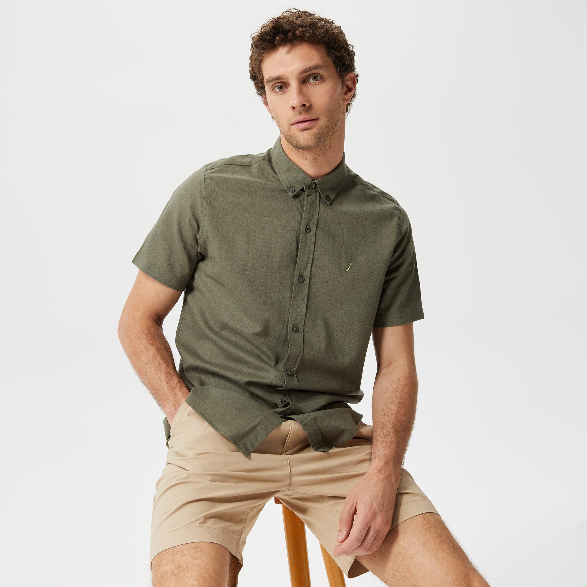 Nautica Erkek Yeşil Classic Fit Kısa Kollu Keten Gömlek