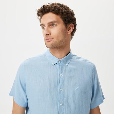  Nautica Erkek Mavi Classic Fit Kısa Kollu Keten Gömlek