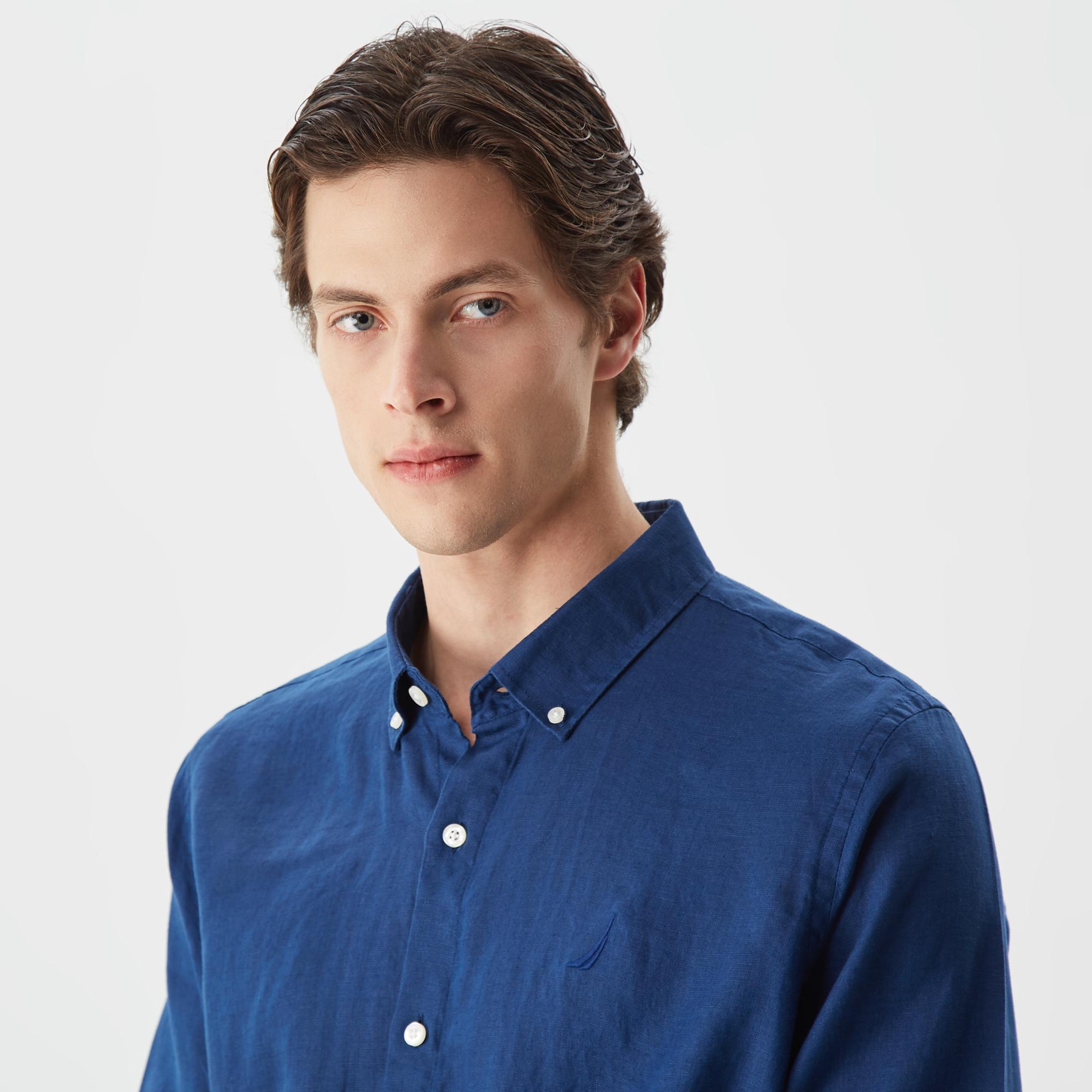 Nautica Erkek Lacivert Classic Fit Uzun Kollu Keten Gömlek