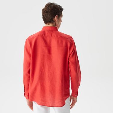  Nautica Erkek Kırmızı Classic Fit Uzun Kollu Keten Gömlek