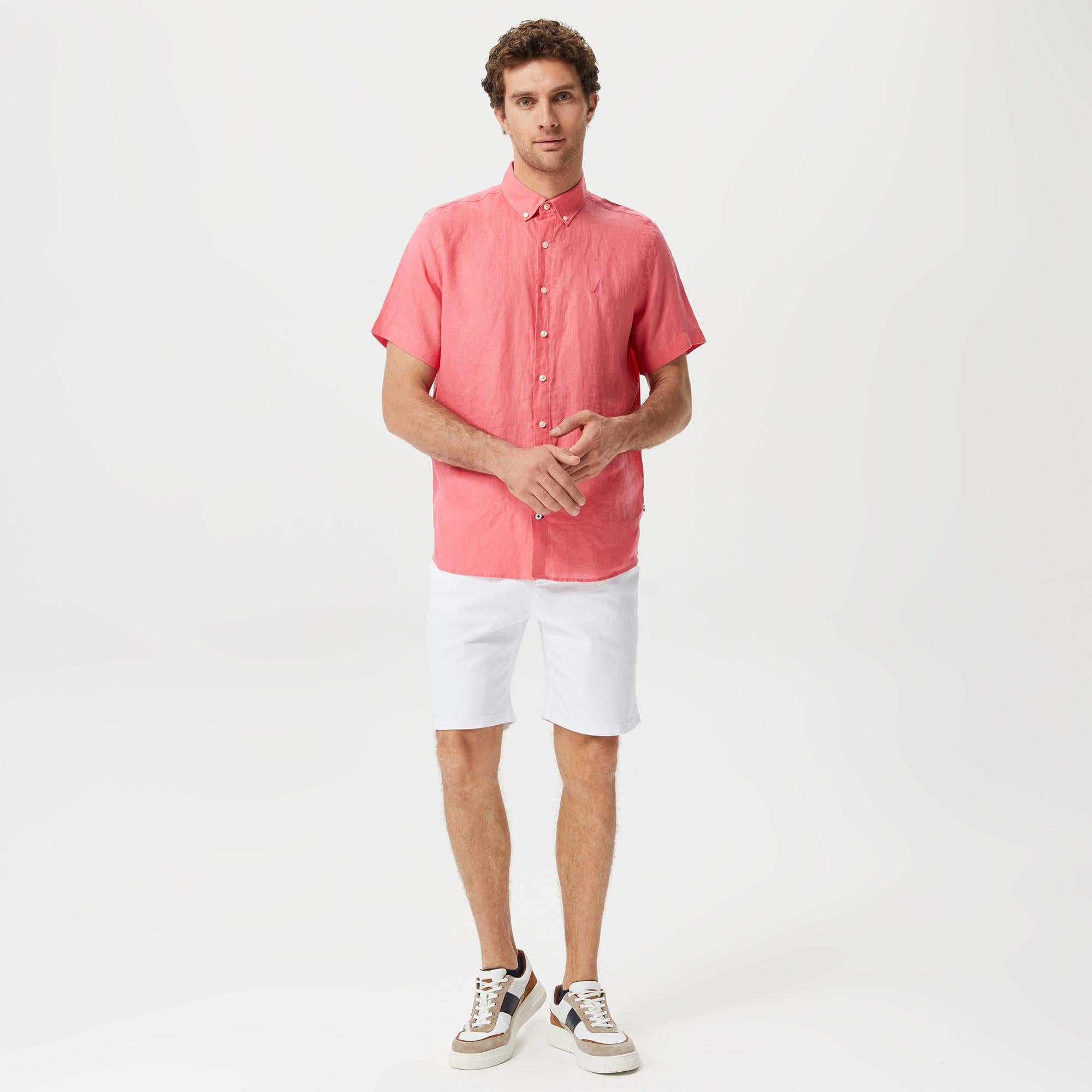 Nautica Erkek Açık Pembe Classic Fit Kısa Kollu Keten Gömlek