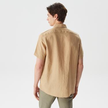 Nautica Erkek Bej Classic Fit Kısa Kollu Keten Gömlek