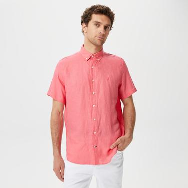  Nautica Erkek Açık Pembe Classic Fit Kısa Kollu Keten Gömlek