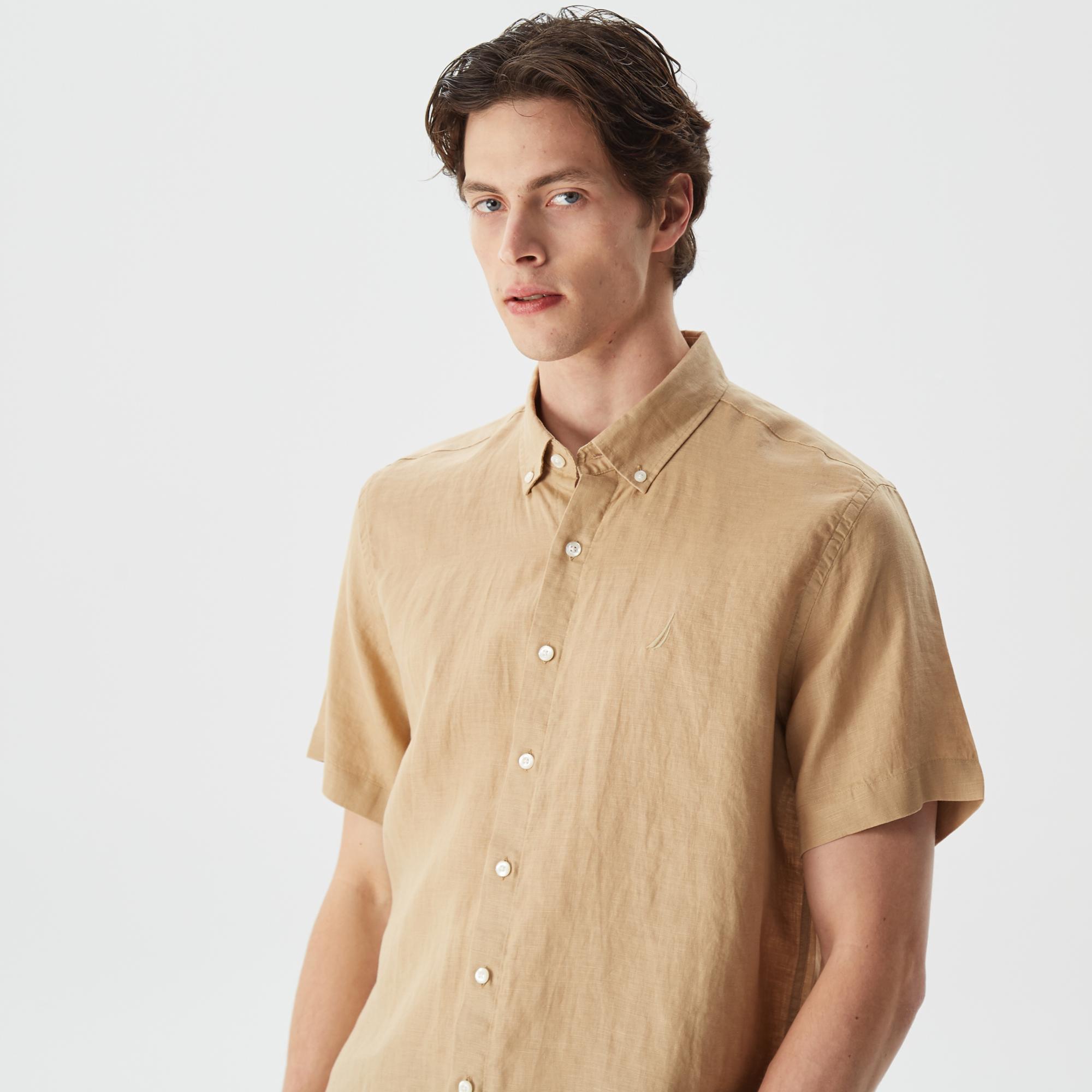 Nautica Erkek Bej Classic Fit Kısa Kollu Keten Gömlek