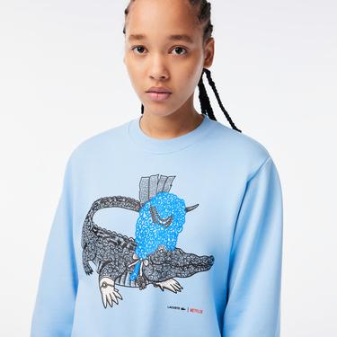  Netflix Kadın Loose Fit Bisiklet Yaka Baskılı Açık Mavi Sweatshirt
