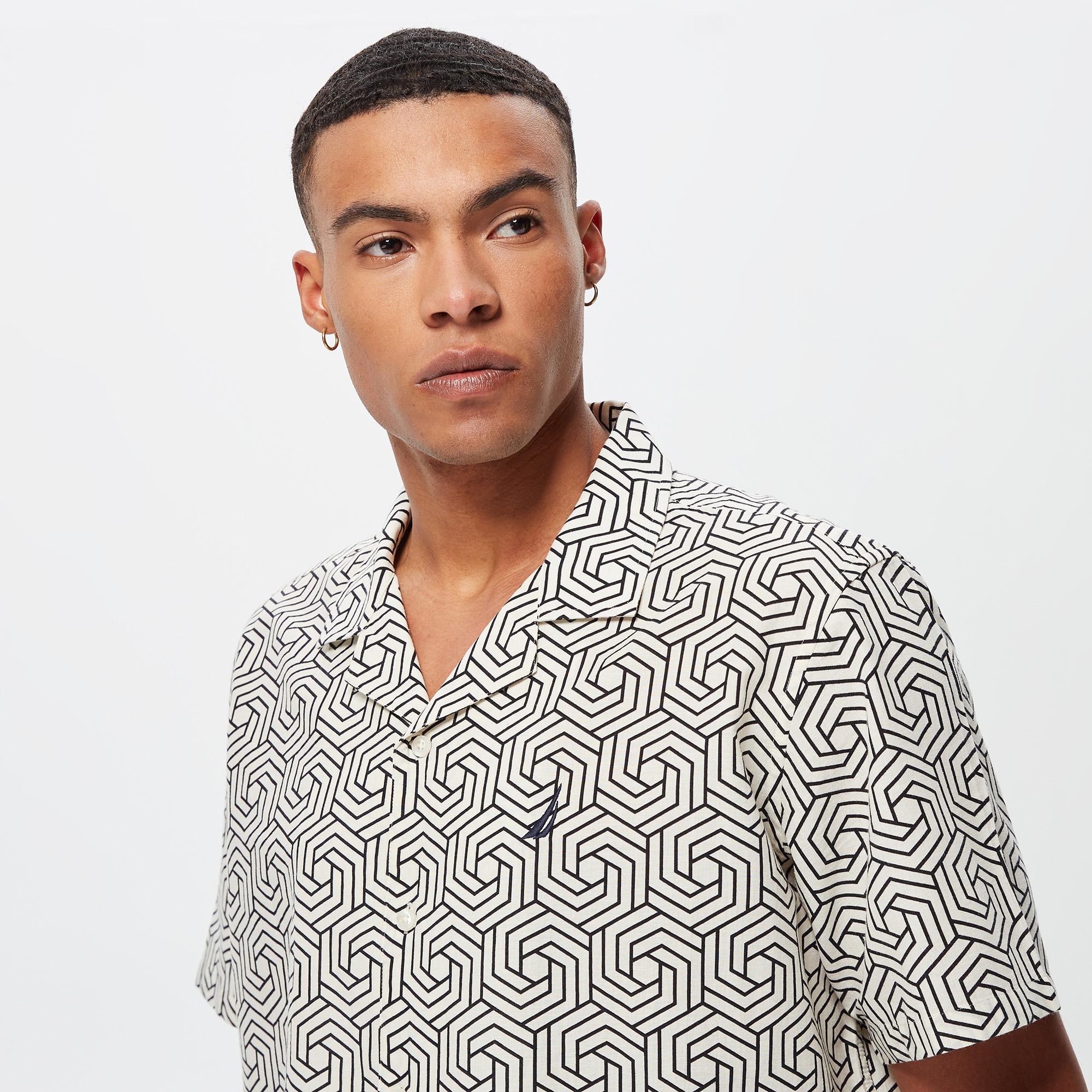 Nautica Erkek Krem Rengi Classic Fit Kısa Kollu Keten Gömlek